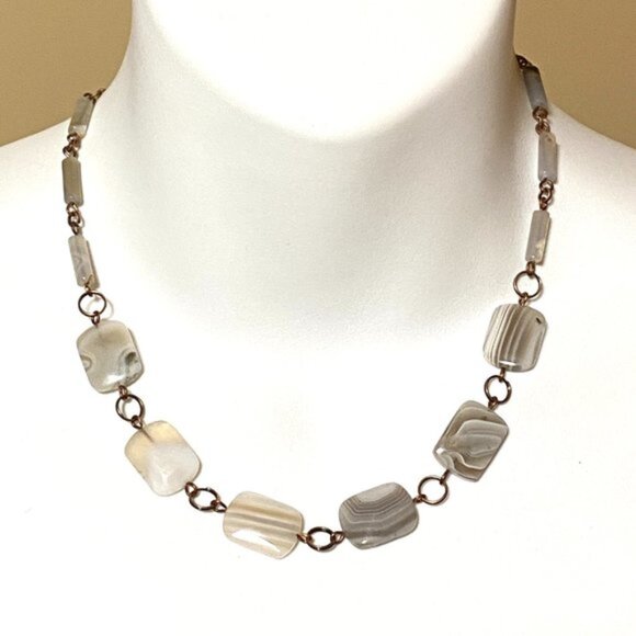 Geometric Botswana Agate Necklace, Rustic Genuine Gemstone Copper Link Necklace - Picture 3 of 11